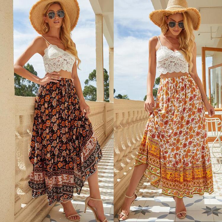 Women Red Floral Print Beach Bohemian Skirt High Elastic Waist Rayon Cotton Boho Maxi Skirts Femme
