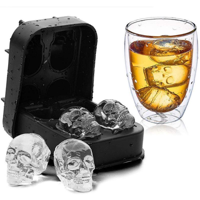 3D Diamond Skull Ice Cube Mold with Funnel Silicone Flexible 4-Cavity Ice Maker Mold Ice Cream Tool Cube Maker