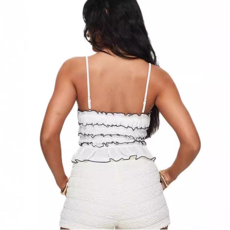 Fashion Summer Women's Versatile Sexy Open Back Wooden Ear Stitching Sleeveless Vest Silm Short Sling Tops