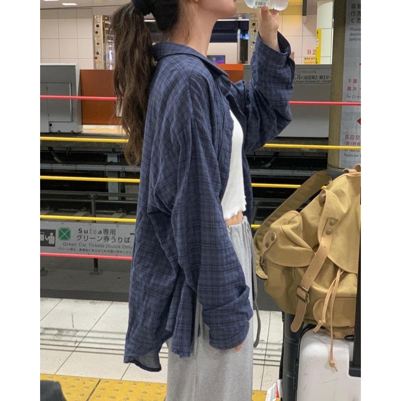 Korean navy blue plaid loose outer shirt sun protection thin jacket versatile