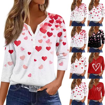 Damen T-Shirt mit Aufdruck, Knopfleiste, 3/4-Ärmel, modisch für den Alltag und das Wochenende, Basic, V-Ausschnitt, normales Oberteil