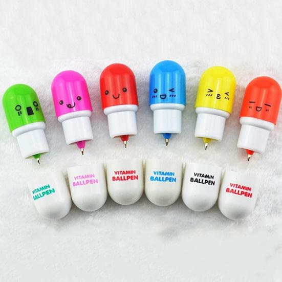 6 Pcs Cute Smiling Face Pill Ball Point Pen Telescopic Vitamin Capsule Ballpen