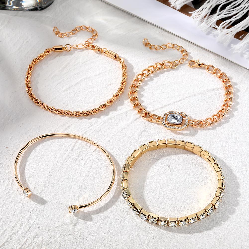 IPARAM 4 Piece Set Luxurious Bracelets for Women Crystal Shiny Adjustable Opening Chain Bracelets Punk Bangle Fashion Zircon