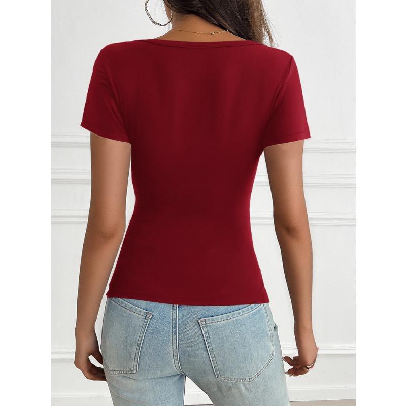 Spring and Summer Women's T-shirt Y2K Wind Sweet and Spicy Solid Colour Slim Lace Splicing V-neck Short-sleeved Tops