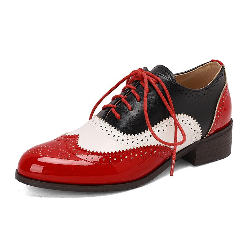Red British Women Oxfords Mixed Color Pink Silver Mid Square Heel Brogues Flats Vintage Dress Party Lady Lace-up Patchwork Shoes