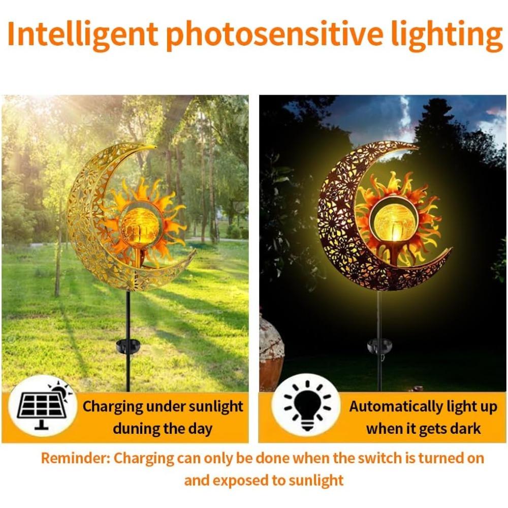 Solar sun and moon light, decorative wrought iron sun and moon garden ground light, wireless LED light from dusk to dawn, waterproof. 1 piece