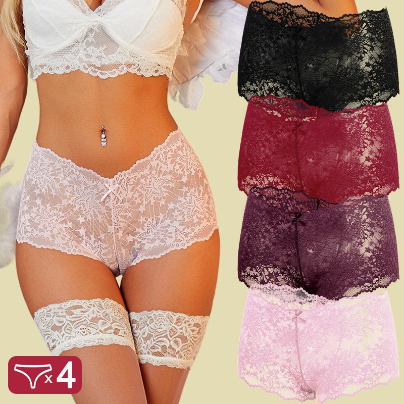 FINETOO 4Pcs/Set Women Panties Hollow Out Lace Mid Waist Elastic See-through Star Lace Four Cornered Pants Women Underpants