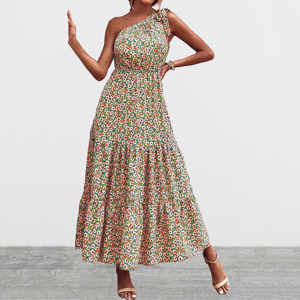 Women's Single Shoulder Bohemian Floral Dress Beach Vacation Hem Long Dress