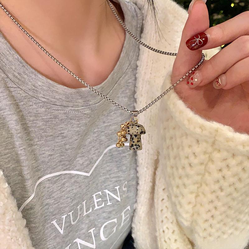 Trendy Spotted Tiger'S Eye Stone Mushroom Pendant Titanium Steel Necklace Accessories Women'S High Sense Niche Long Sweater Chain Neck Chain