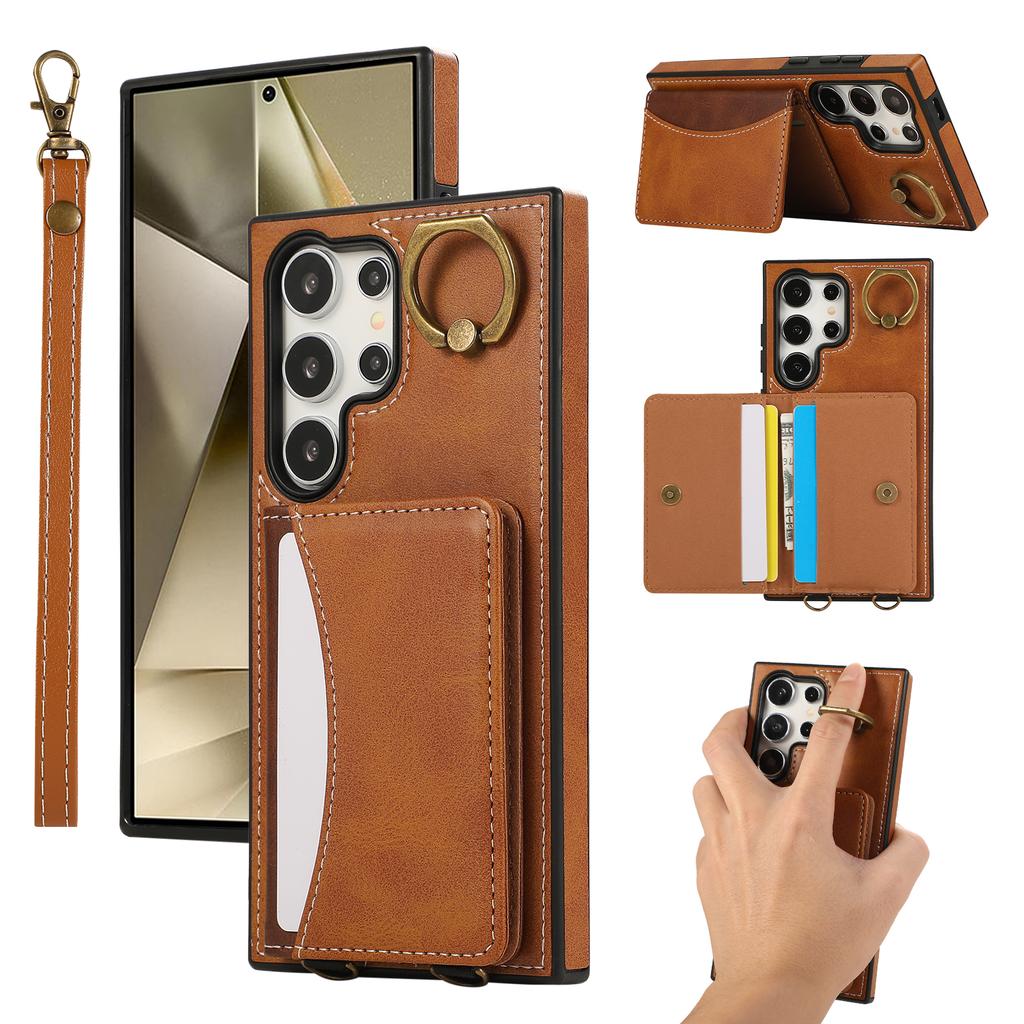 For Samsung Galaxy S24 Ultra PU Leather Back Case Card Holder Kickstand Phone Cover with Wrist Strap