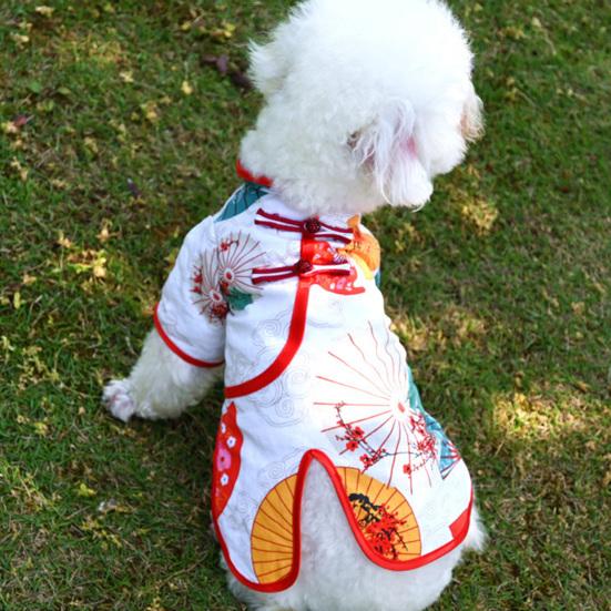 Pet Cheongsam Fan Umbrella Printing Split Hem Disc Buckle Summer Dog Two-legged Cheongsam Clothes for Home Wear