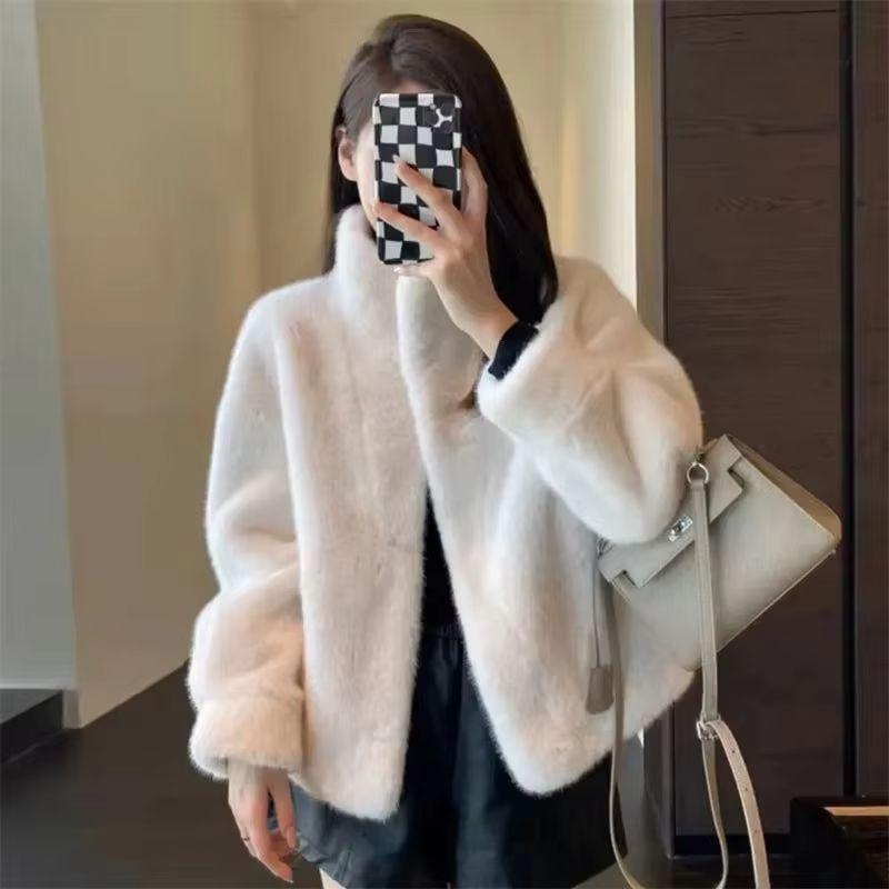 Fur One-piece Stand Up Collar Fur Coat For Young Women Short Winter Solid Color Eco-friendly Loose Fur Coat Woman