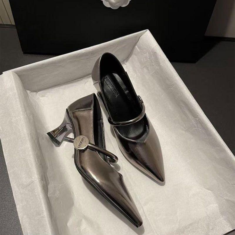 Pointed-toe High-heeled Women's Thick-soled Anti-slip New Soft Leather Mid-heeled Shoes