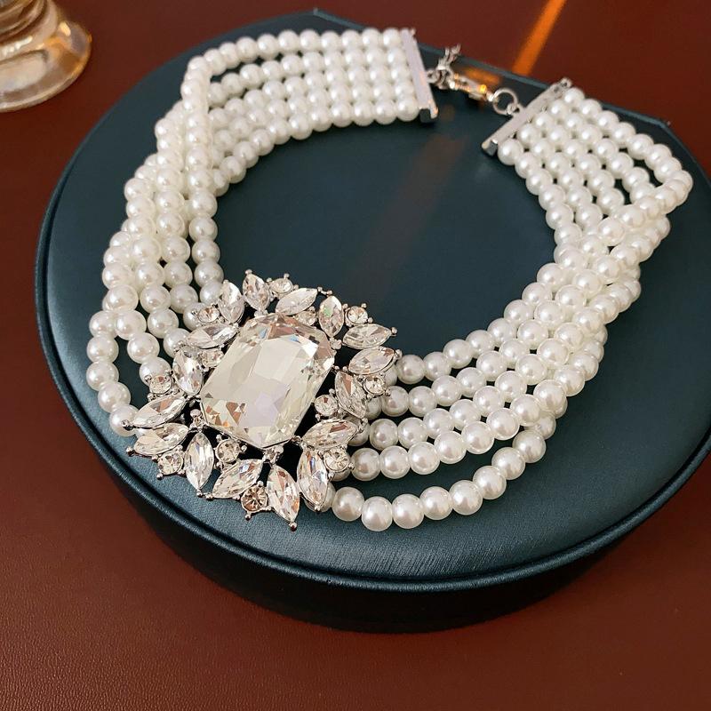 Light Luxury Pearl Bead Multi-Layered Necklace Bracelet With Exaggerated Rhinestones Design Jewelry Earrings For Women Gift