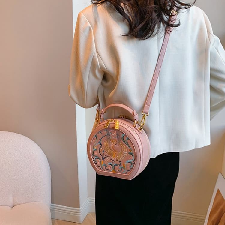 Vintage Embroidery Round Shoulder Bag, Zipper Handbag, Classic Trend Niche Satchel Bag
