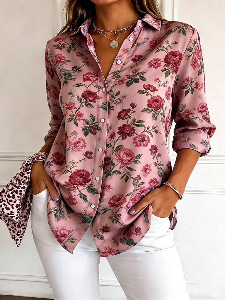 Women's Long Sleeve Floral Print Button Down Casual Shirt Elegant Daily Blouse Tops in Blue for Spring Summer