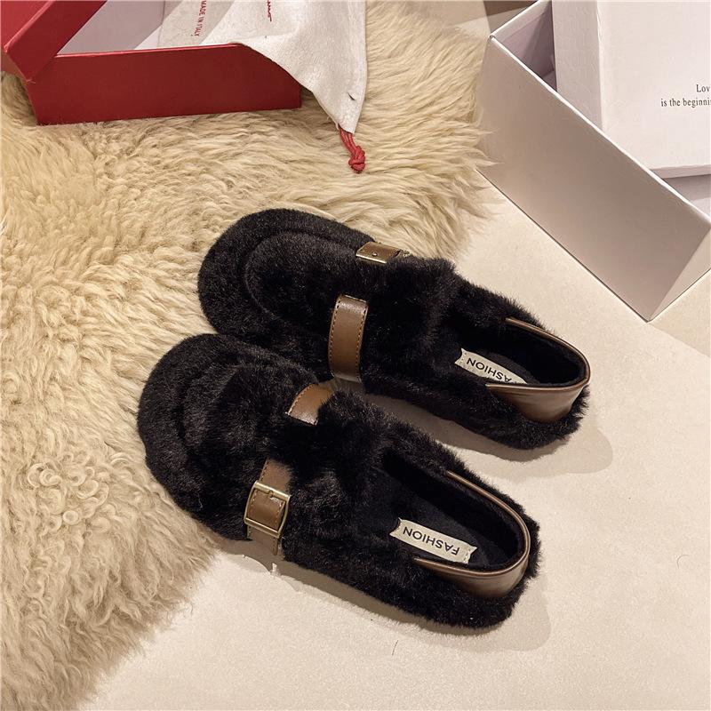Buckle Mao Mao Shoes Women's 2025 Autumn and Winter New Plush One Pedal Pregnant Women Soft Sole Warm and Comfortable Doudou Single Shoes