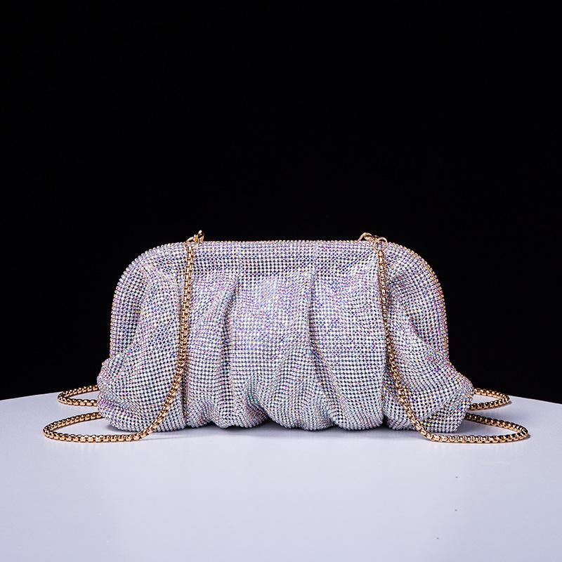 Shiny  Pleated Clutch Evening Bag for Women Chains Dumpling Bags New Folds Crystal Bags Bag