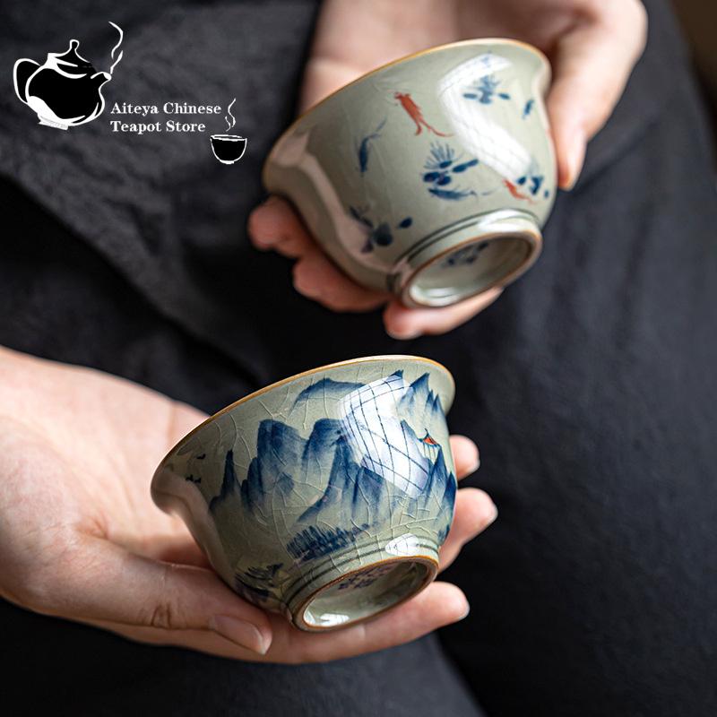 Vintage Hand-Painted Tea Making Cup, Old Pottery, Clay Ru Kiln, Kung Fu Tea Making Cup, Single Cup, Blue and White Tea Brewing C