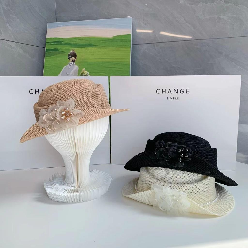 French Hepburn Elegant Top Hat Women's Spring and Autumn Thin Breathable Thousand Gold Wind Sun Hat Shade Sun Protection Hat