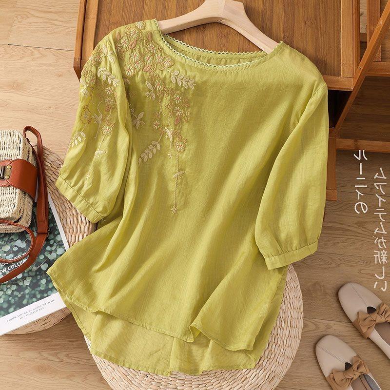 Women's Linen Floral Embroidery Blouse Loose 3/4 Sleeve Lace Trim Casual Top