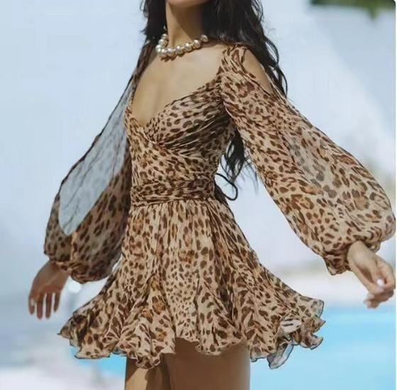 Spring Women s Hollow Lantern Sleeve V-Neck Off-the-Shoulder Mini Dress XL