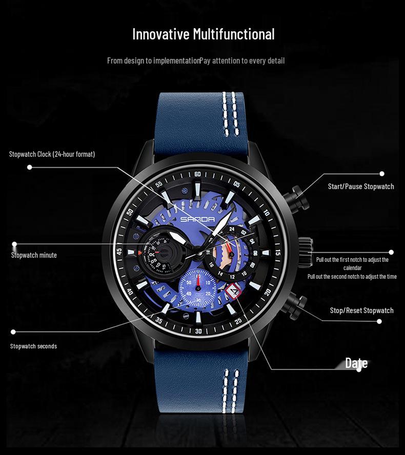 Sanda Cool Large Dial Six-Needle Waterproof Men's Watch with Genuine Leather Strap - Trendy and Fashionable Design.