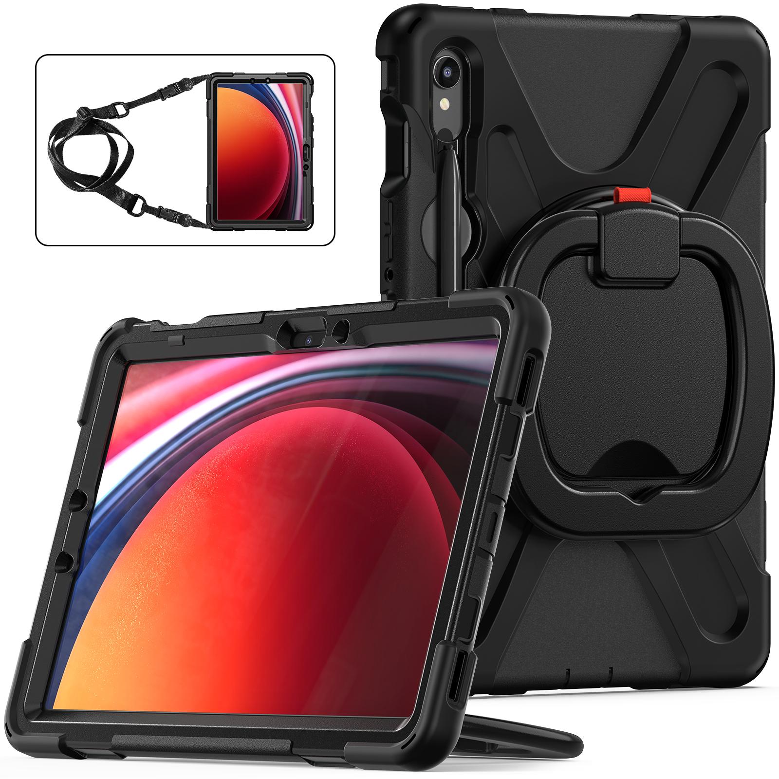 

For Samsung Galaxy Tab S9 FE/S9/S8/S7 PC+Silicone Protective Case Rotating Kickstand Rugged Tablet Cover with Shoulder Strap Red+Black