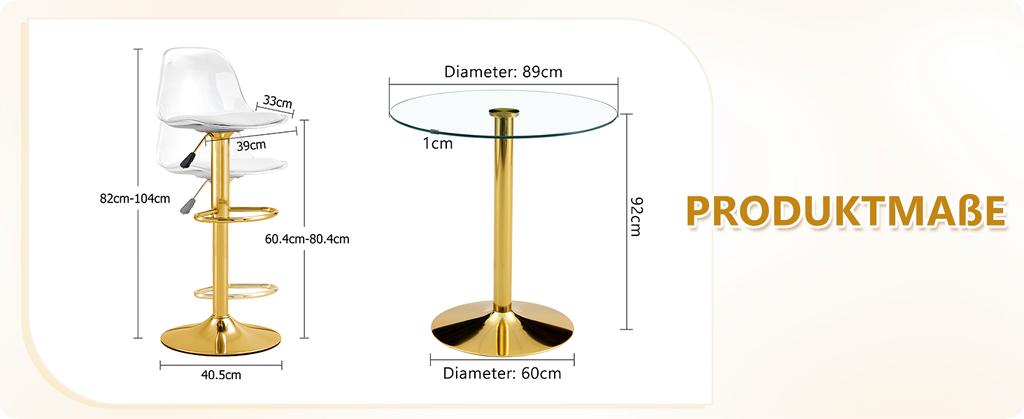 Flexible Bar Set: 89 cm Glass Table + 2 Stools with Gold-Colored Legs, Height-Adjustable & Rotatable.