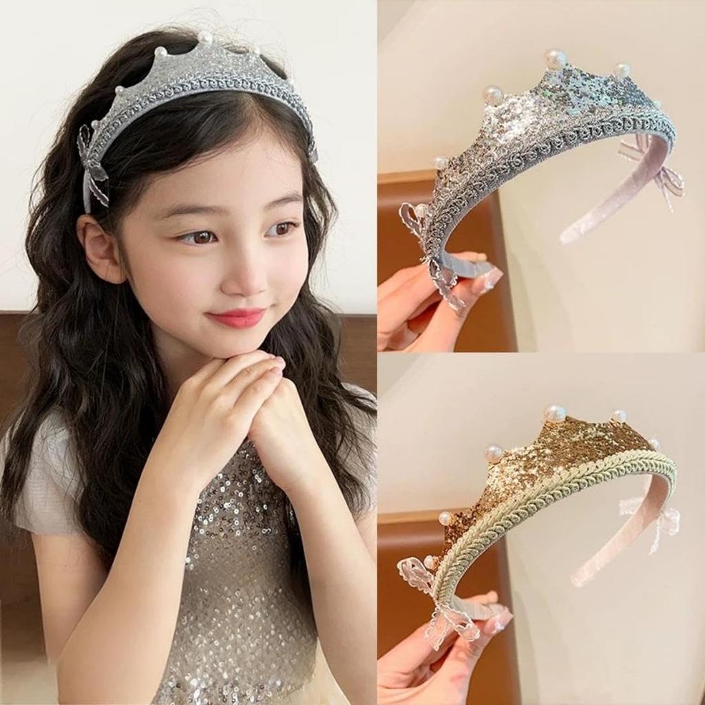 [YNOBUN] Cute Princess Birthday Crown Hairband, Sparkly Kids Party Photo Shoot Accessory (Silver)