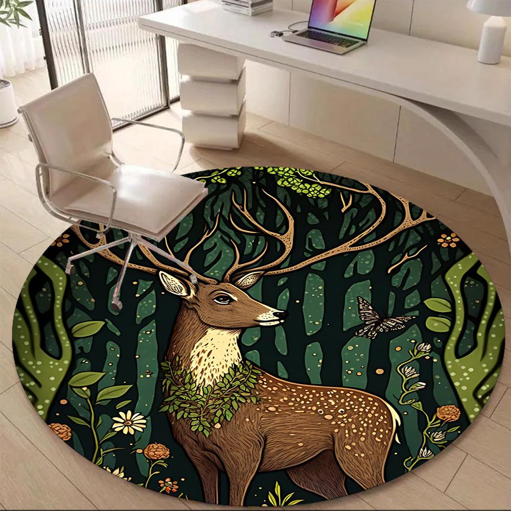 1pc Forest Deer Office Round Area Rug, Under Office Chairs Bedroom Living Room Home Decor, Room Deco