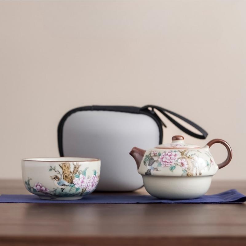 Portable Ru Kiln Tea Set Ceramics One Pot One Cup Outdoor Travel Chinese Kung Fu Tea Set Vintage Handmade Teapot