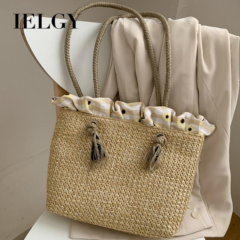 IELGY straw woven small bag female idyllic style woven hand single shoulder bag trend simple large capacity beach bag
