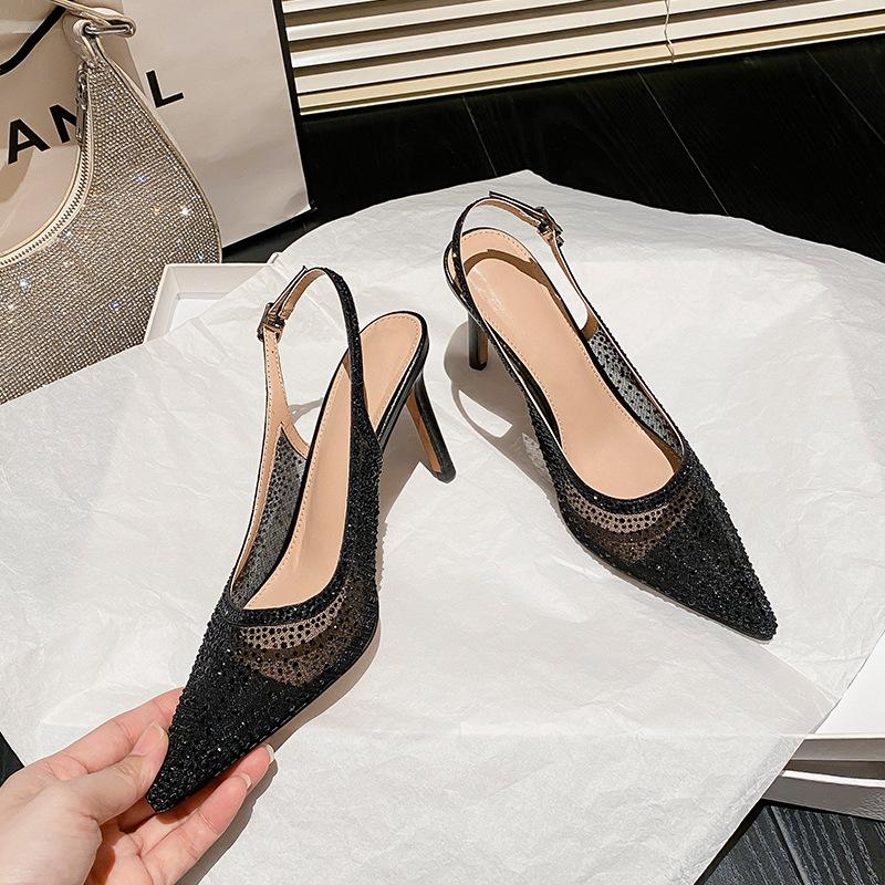 WO Huizhou 2025 summer new European and American fashion pointed mesh yarn rhinestone fine high heel temperament bag head sandals women