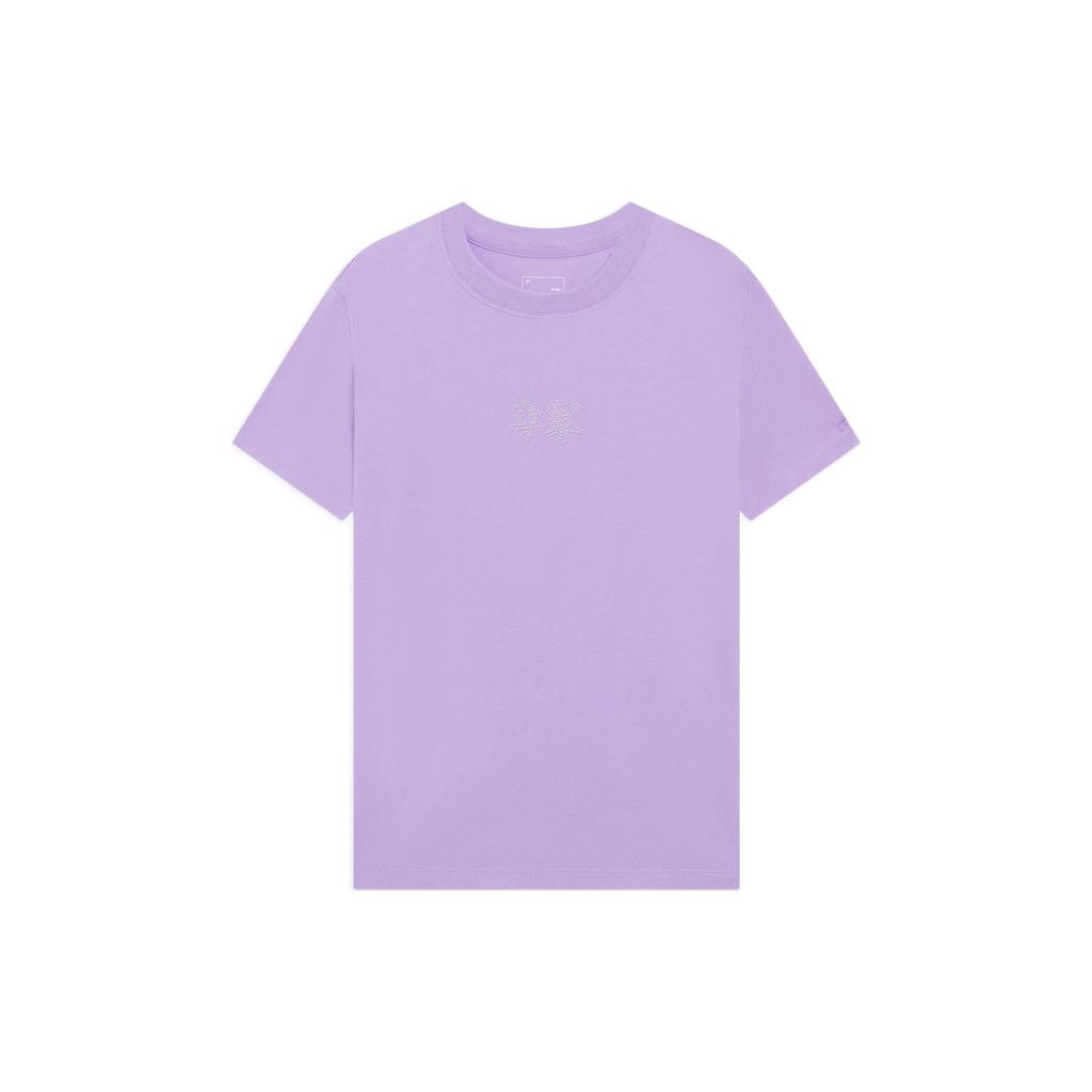 Li Ning Sports Trend Series Solid Color Logo Pendant Round Neck Short Sleeve T-Shirt Women Tops Purple AHSS710-3