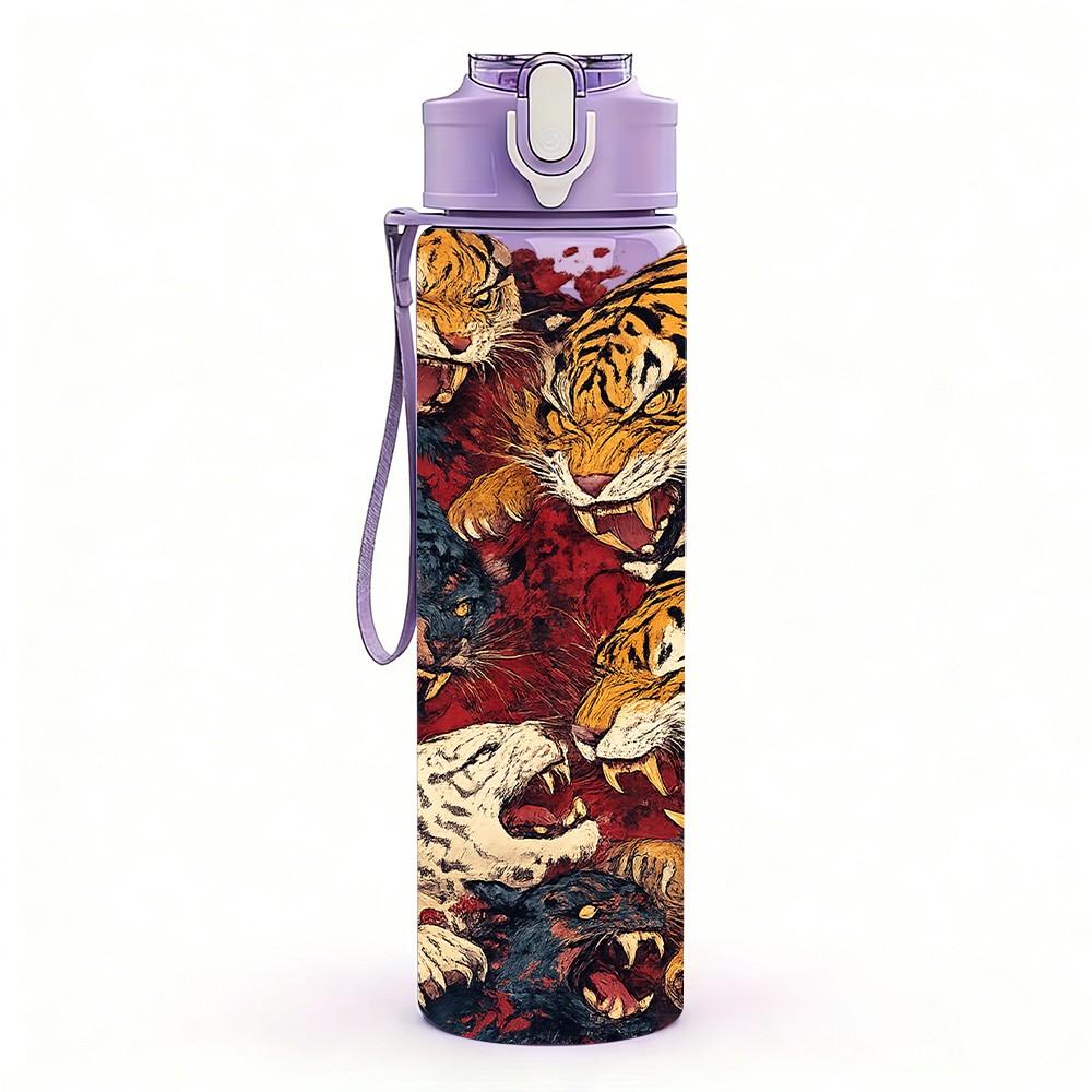 1PC Dual Tiger Head Wild Animal Art Print 750ml Color Plastic Sports Water Bottle Leakproof Flip Straw Lid Suitable for Sports Office Home Use