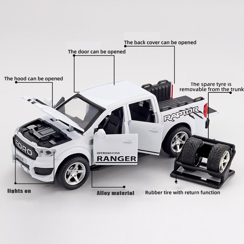 1/32 Ford Raptor F350 Pickup Truck Alloy Off Road Car Diecast Model Sound & Light Desktop Collection Decorative Gift Boy Display