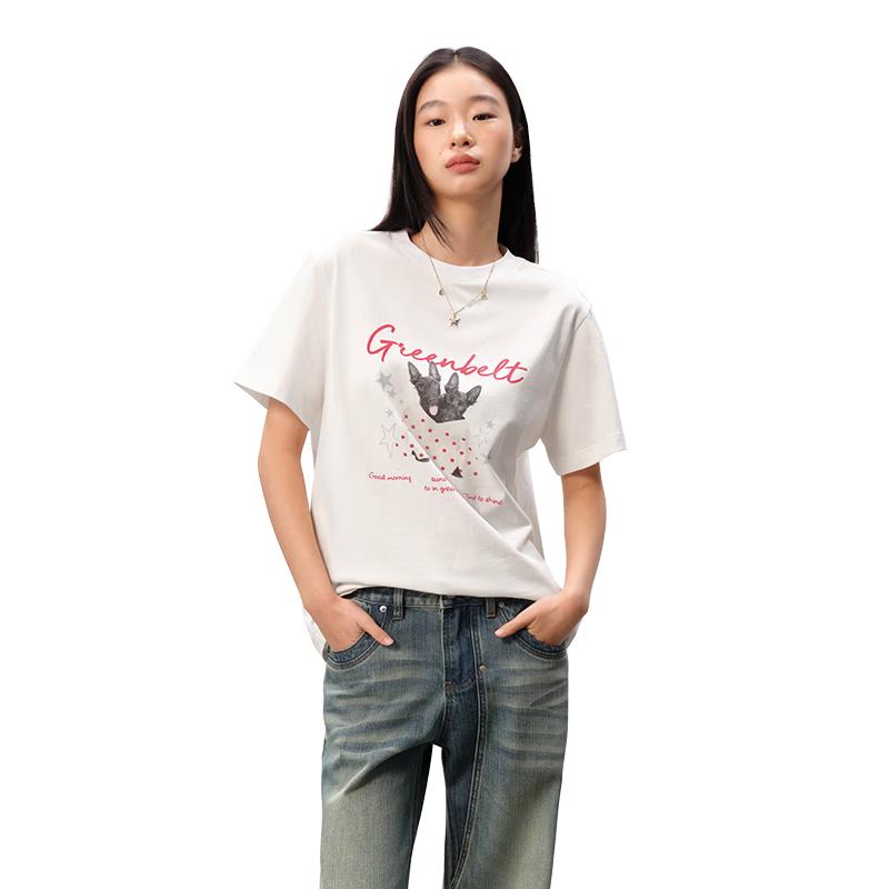 GREEN BELT Dog Print Loose Cotton T-Shirt L