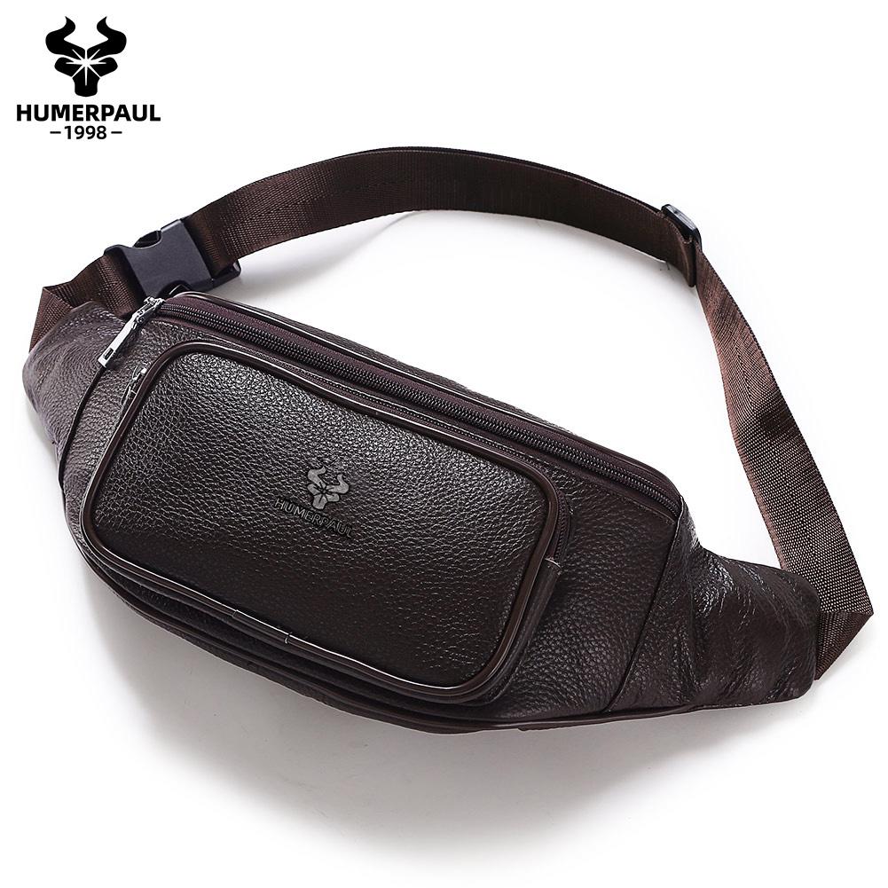 HUMERPAUL Men leather waist bag multifunctional cowhide leisure sports mobile phone waist bag multi-compartment chest bag large-capacity shoulder bag