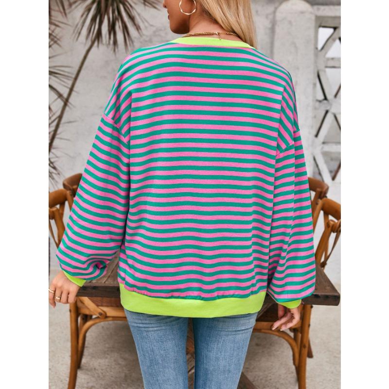 Sudadera holgada casual a rayas de otoño para mujer de talla grande
