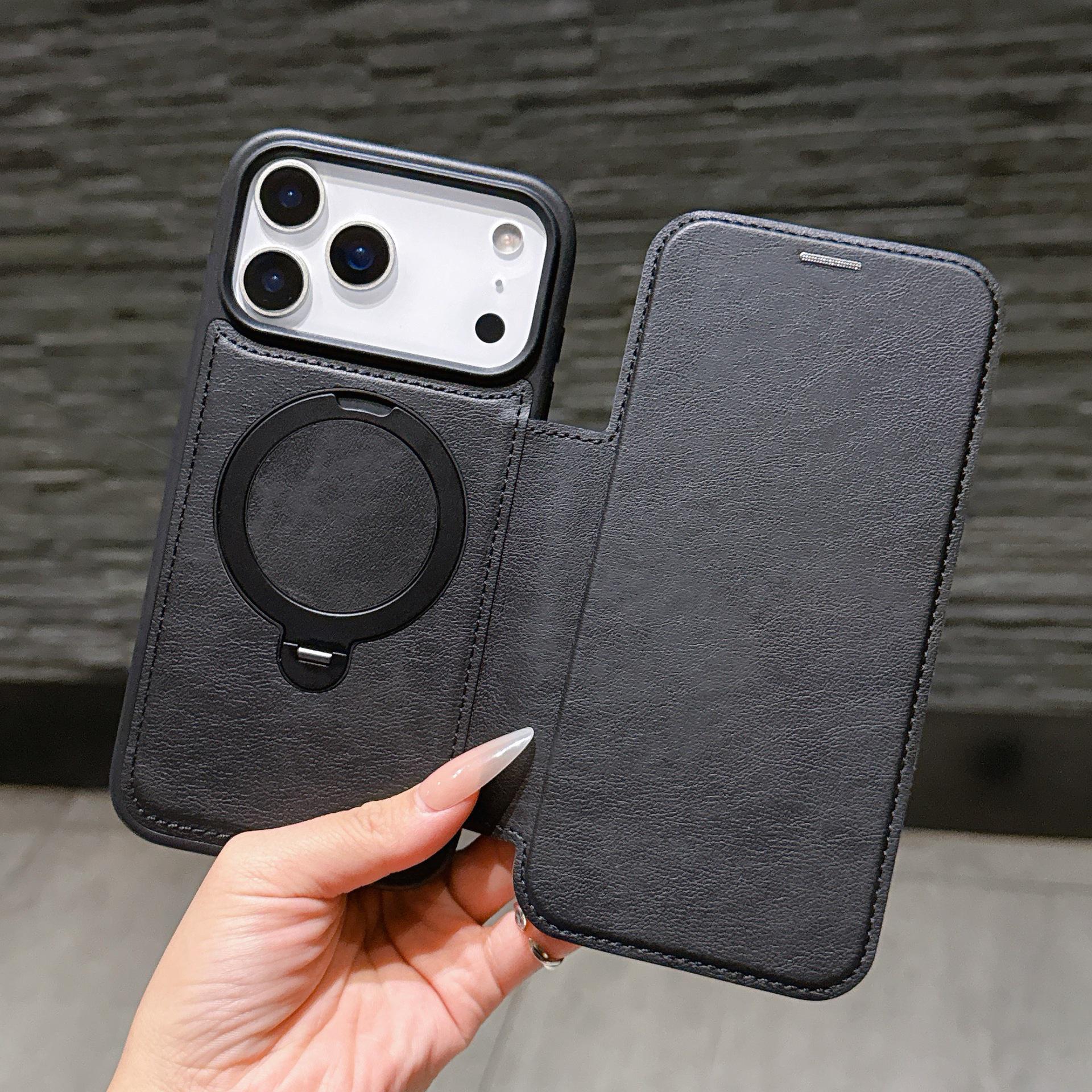 

Магнитный откидной кожаный чехол для iPhone 17 с вращающейся подставкой, полная защита для моделей Apple 16 Pro Max и 15, 14. 16 Pro чёрный