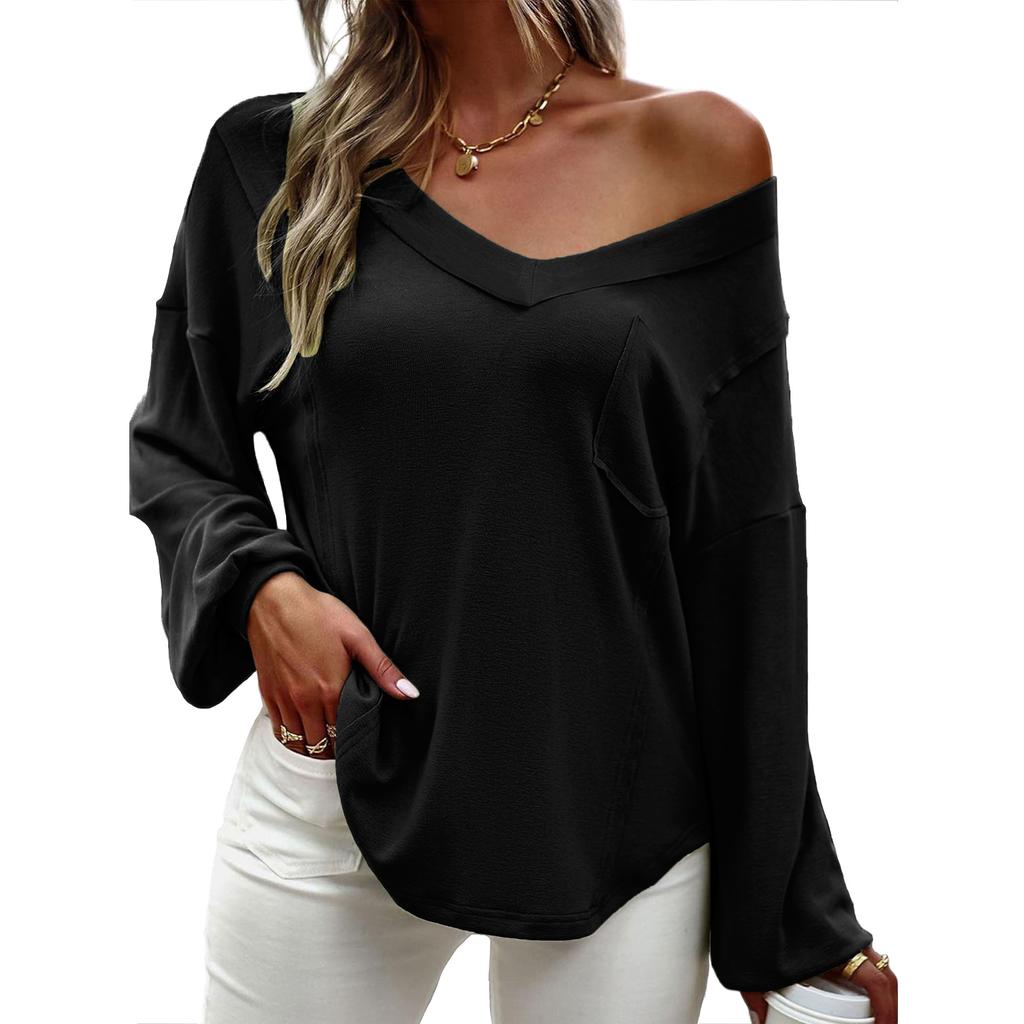 Women's Autumn and Winter Solid Color V-neck Loose Long Sleeved T-shirt Top