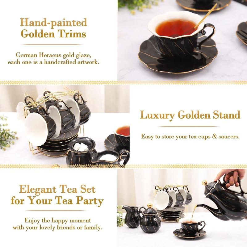 22 Pcs Porcelain Tea Set for 6, Luxury British Style Tea/Coffee Cup Set with Golden Trim, Beautiful Tea Set for Women, Tea Party