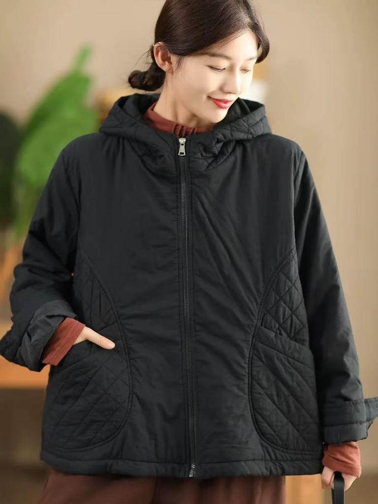 Johnature Vintage-Damenjacke mit Kapuze, Reißverschluss, einfarbig, Winter, Patchwork-Taschen, lässig, warm