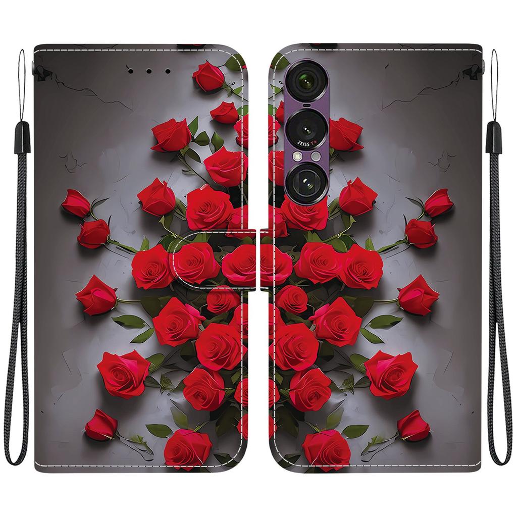 Handmade PU Leather Flip Case for Sony Xperia 1 VII Anti-Slip Shockproof Cover with Wrist Strap & Heart/Rose Cat Designs
