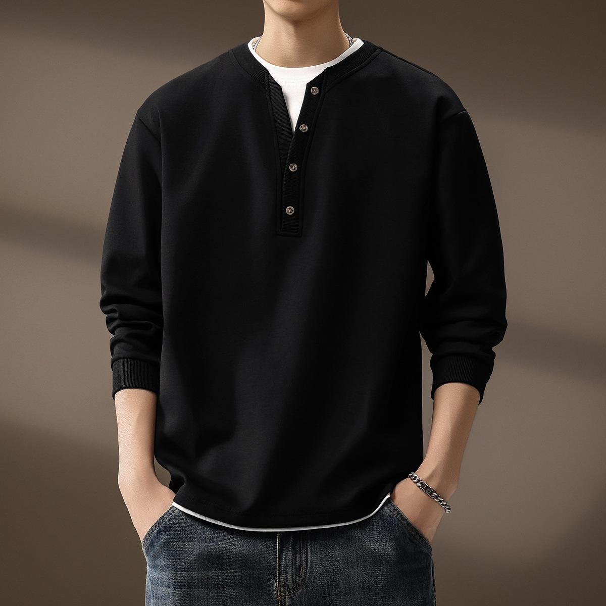 

Men s Winter Velvet Henley Hoodie: Loose-Fit Patchwork Long Sleeve T-Shirt M for 50-60 kg