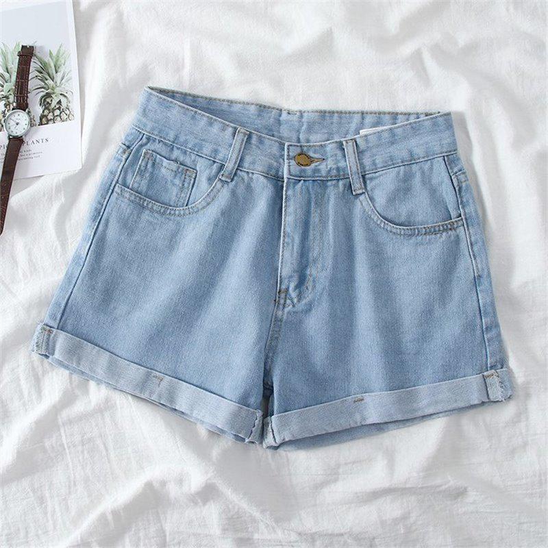 Women's High Waist A-Line Denim Shorts - Korean Style Summer 2025, Loose Fit, Slimming, Wide Leg, Rolled Hem.