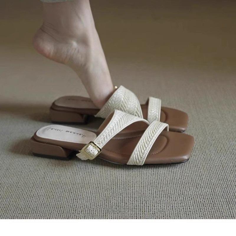 Fashion Woven Sandals and Slippers for Women 2025 New Holiday Style Square Head Mid-heel Outward Wear Flip-flops