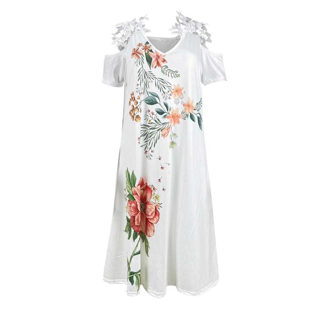 Women's Printed V-Neck Strapless Short Sleeve Spliced Lace Dress