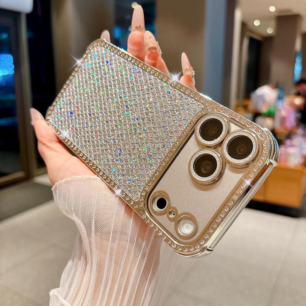 Glitter Diamond Lattice Phone Case with Rhinestones for Apple 17 Pro Max and 16, Four-Corner Drop-Proof, Fits 15